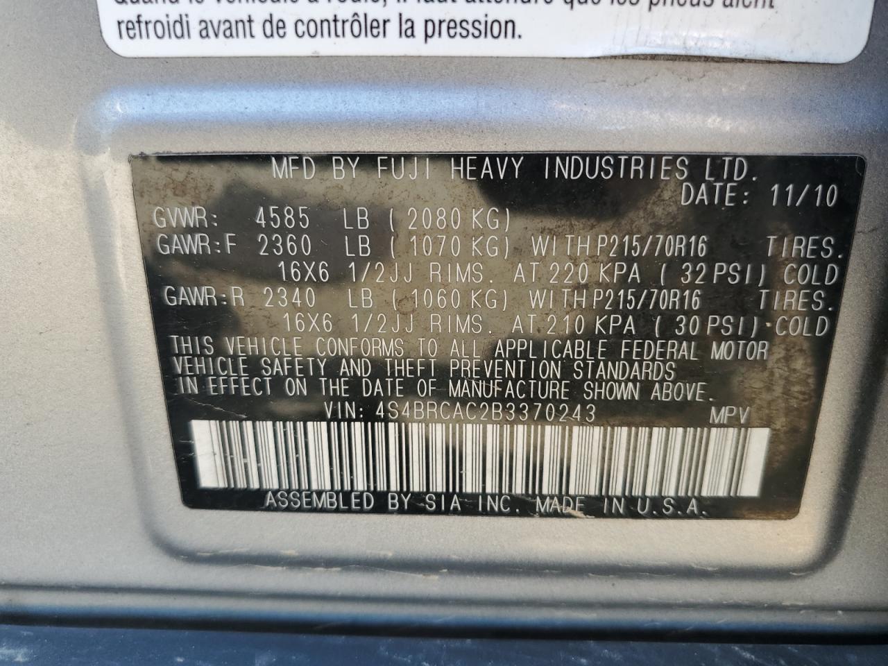 4S4BRCAC2B3370243 2011 Subaru Outback 2.5I