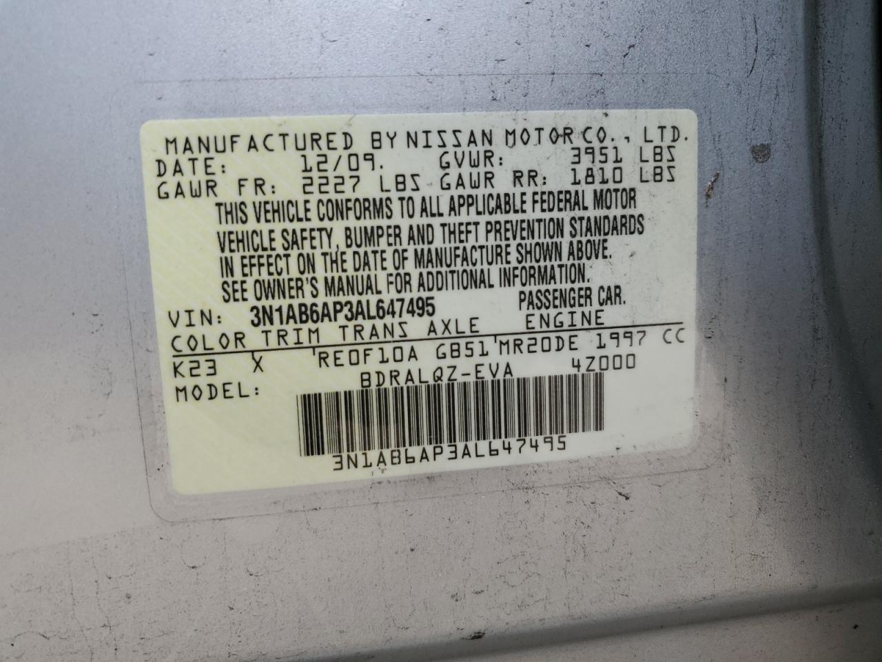 3N1AB6AP3AL647495 2010 Nissan Sentra 2.0