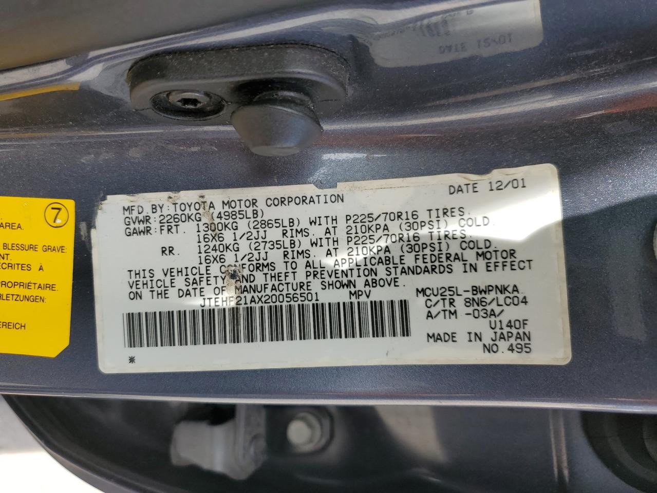 JTEHF21AX20056501 2002 Toyota Highlander Limited