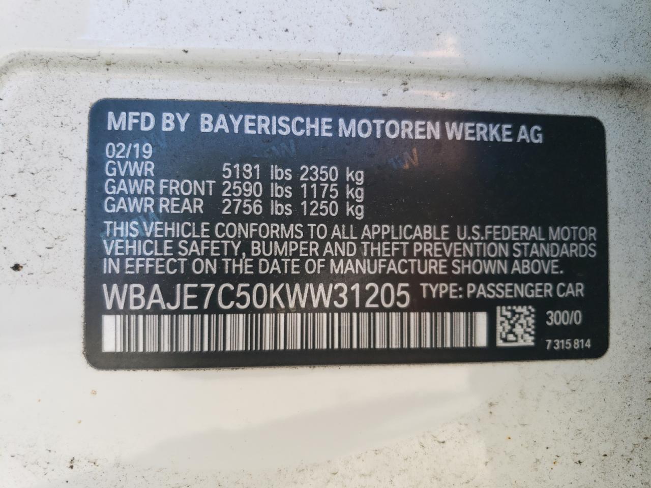 WBAJE7C50KWW31205 2019 BMW 540 Xi