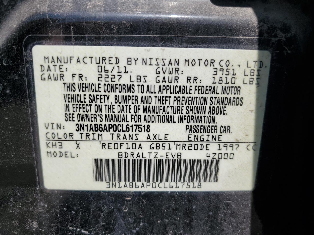 3N1AB6AP0CL617518 2012 Nissan Sentra 2.0