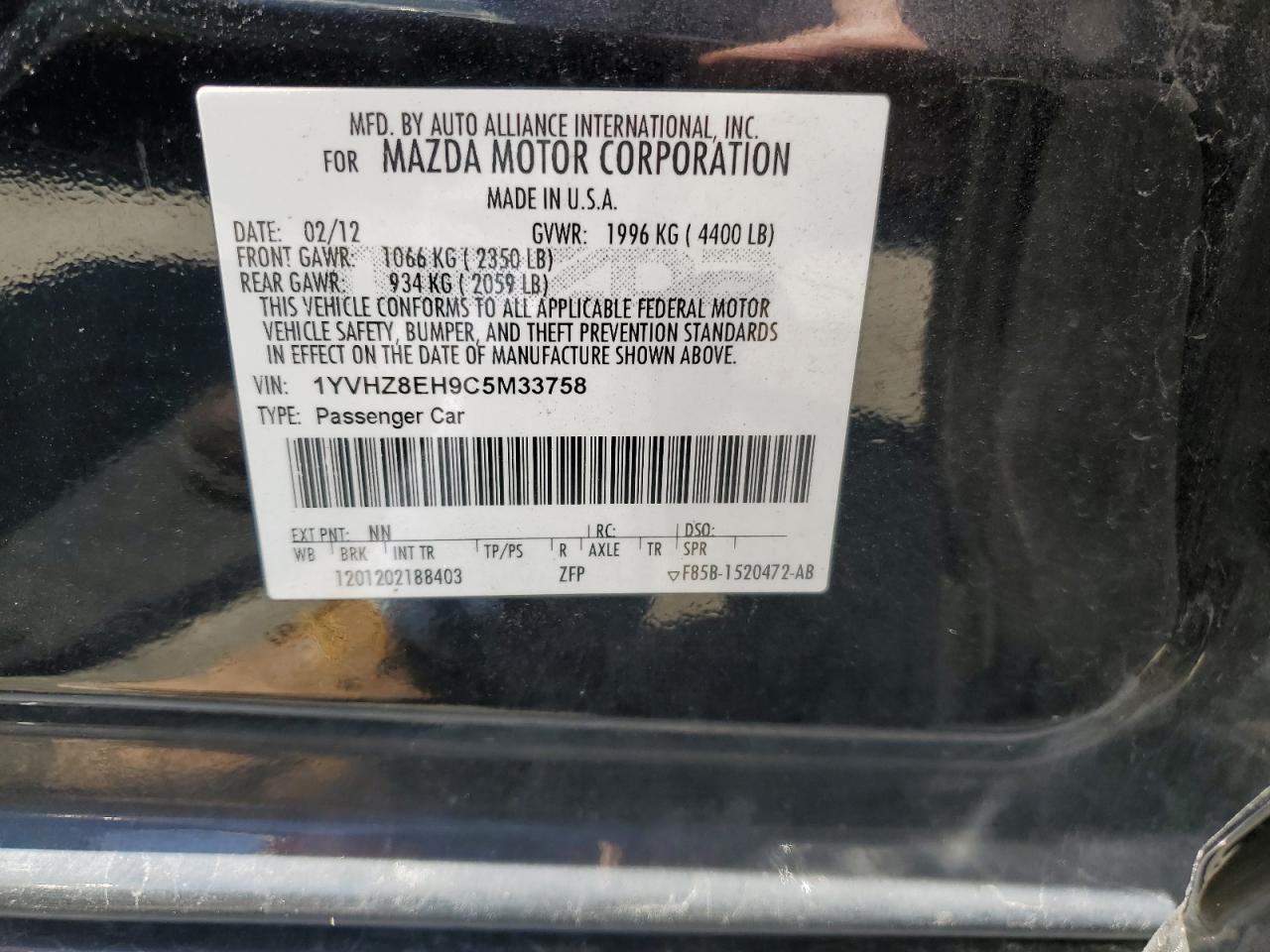 1YVHZ8EH9C5M33758 2012 Mazda 6 I