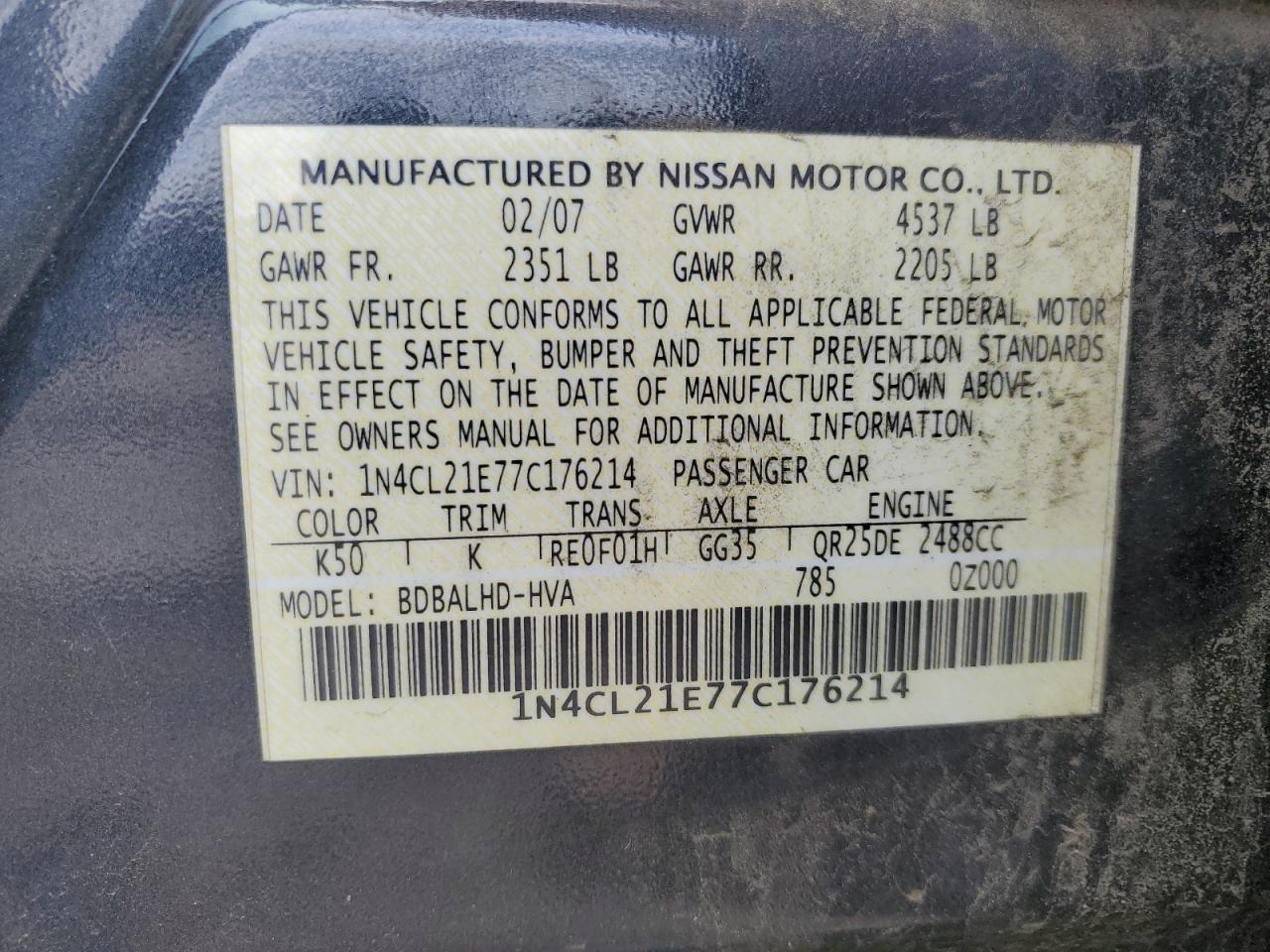 1N4CL21E77C176214 2007 Nissan Altima Hybrid