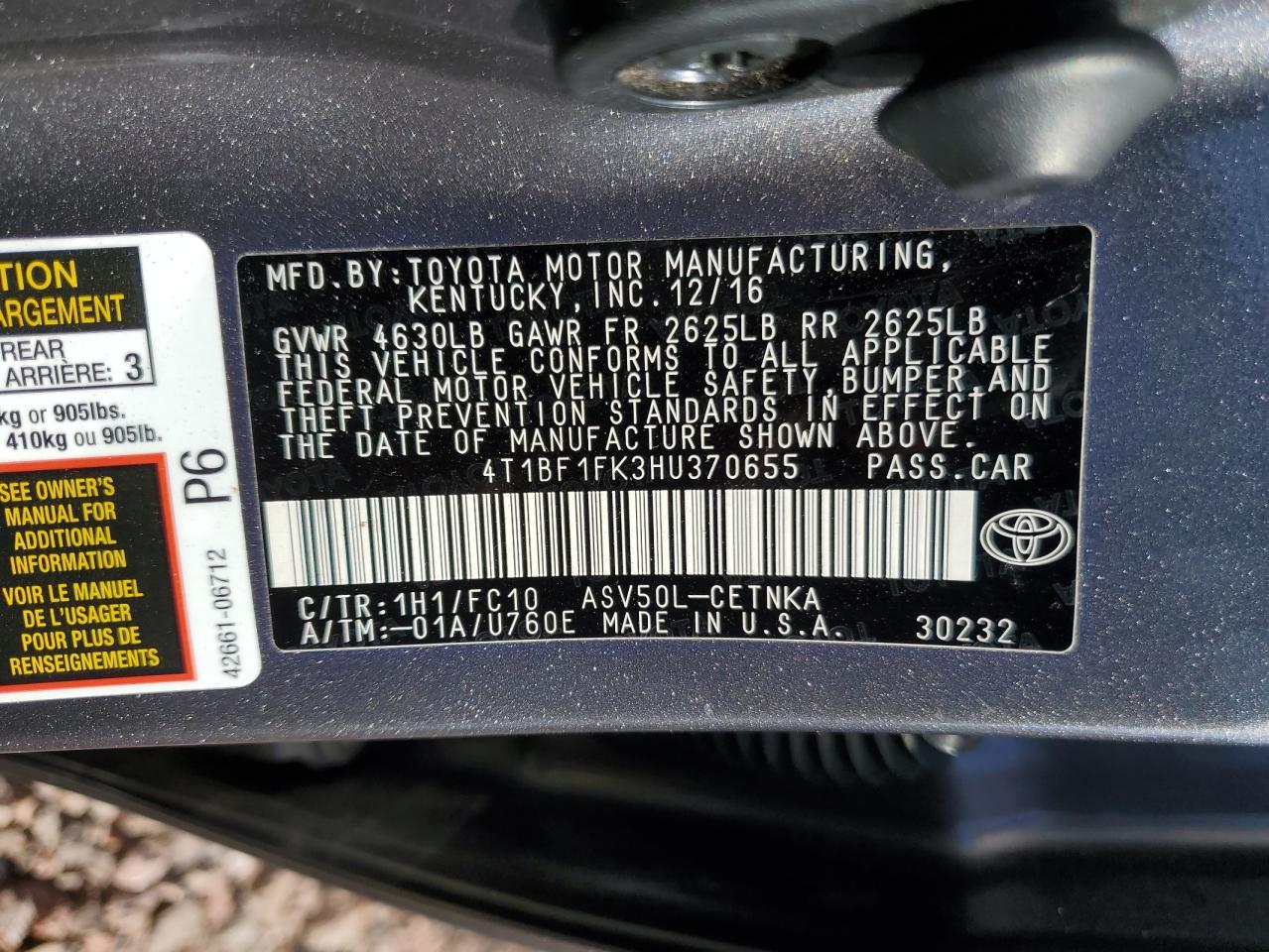 4T1BF1FK3HU370655 2017 Toyota Camry Le