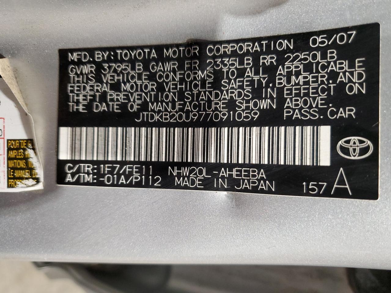 JTDKB20U977091059 2007 Toyota Prius