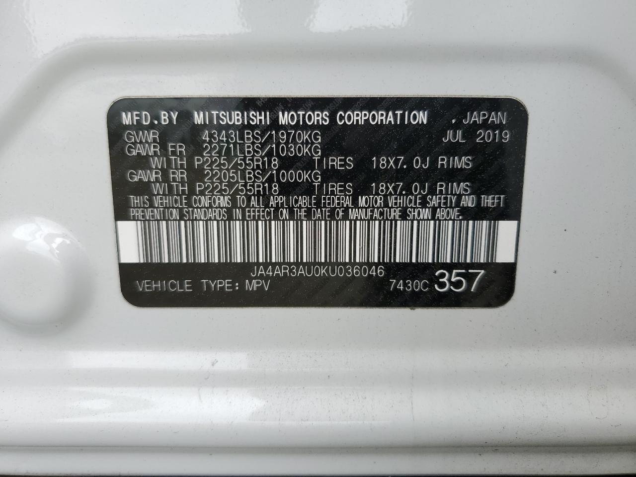 JA4AR3AU0KU036046 2019 Mitsubishi Outlander Sport Es