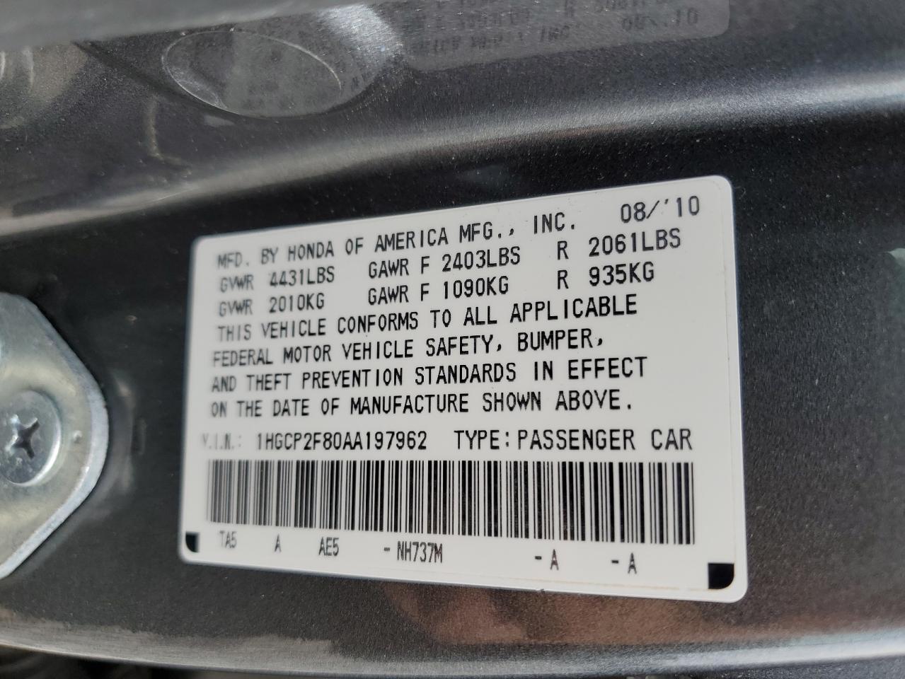 1HGCP2F80AA197962 2010 Honda Accord Exl