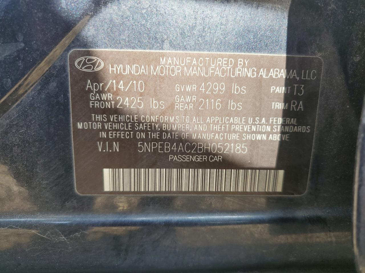 5NPEB4AC2BH052185 2011 Hyundai Sonata Gls