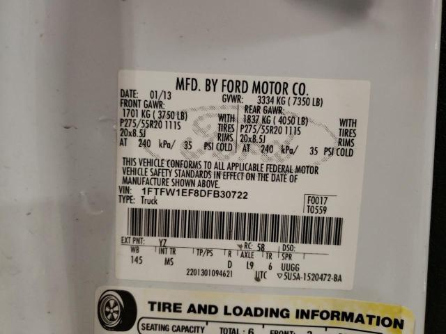 2013 Ford F150 Supercrew VIN: 1FTFW1EF8DFB30722 Lot: 55612064