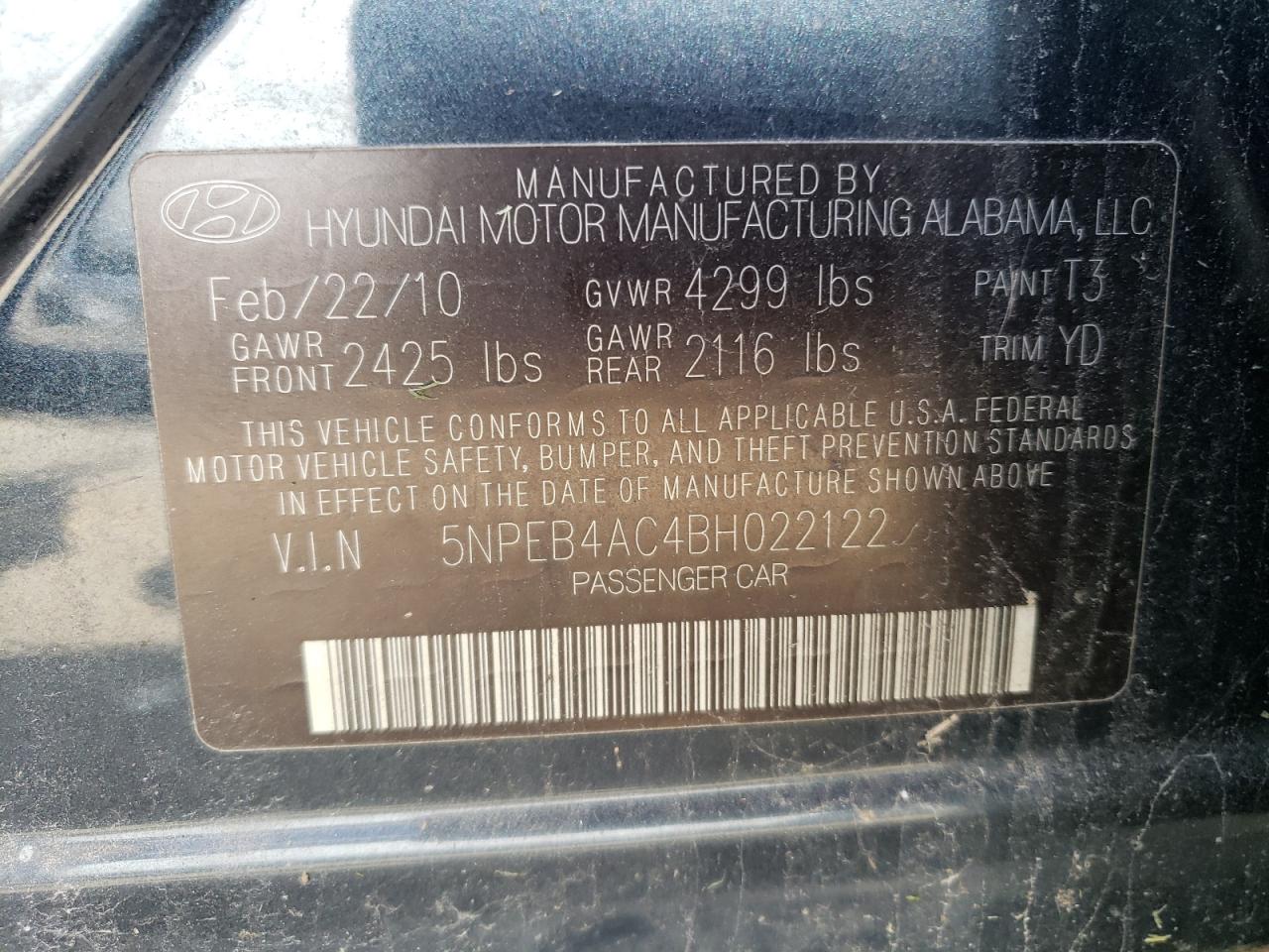 5NPEB4AC4BH022122 2011 Hyundai Sonata Gls