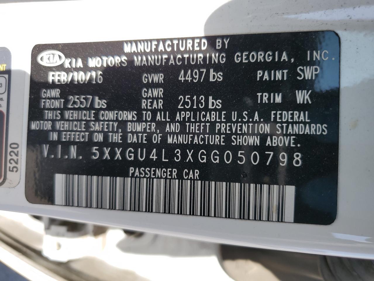 5XXGU4L3XGG050798 2016 Kia Optima Ex