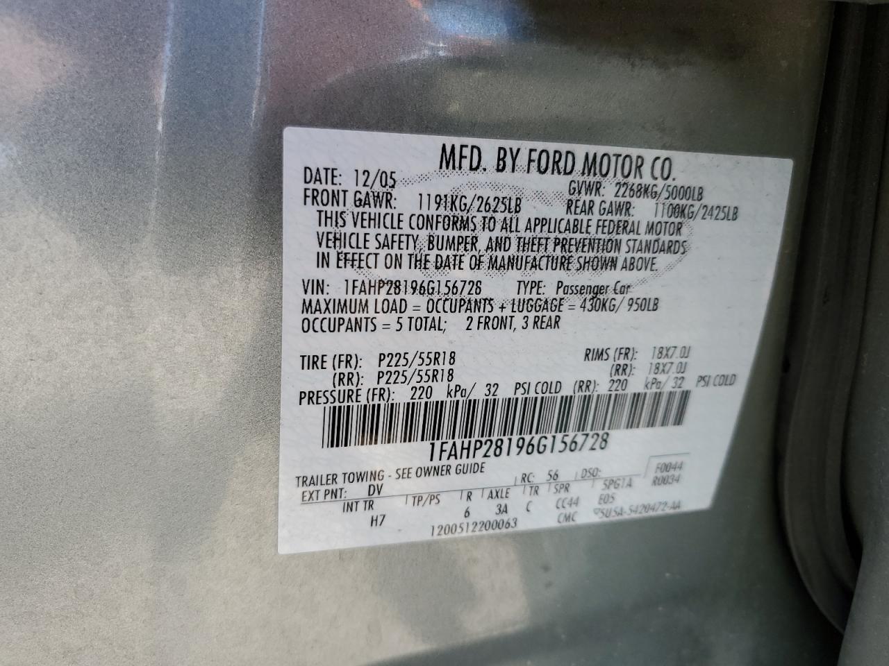 1FAHP28196G156728 2006 Ford Five Hundred Limited