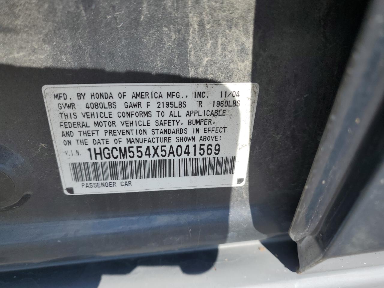 1HGCM554X5A041569 2005 Honda Accord Lx