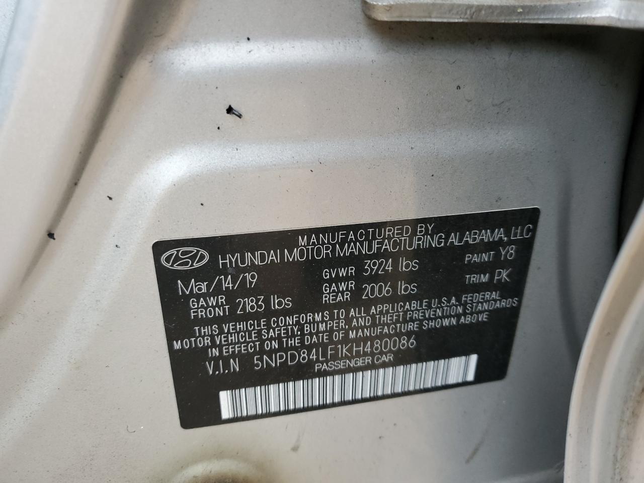 5NPD84LF1KH480086 2019 Hyundai Elantra Sel