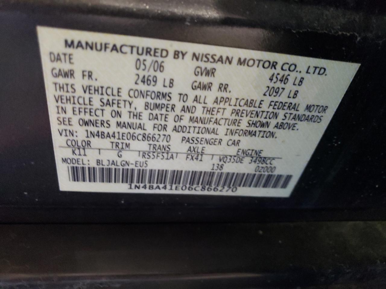 1N4BA41E06C866270 2006 Nissan Maxima Se