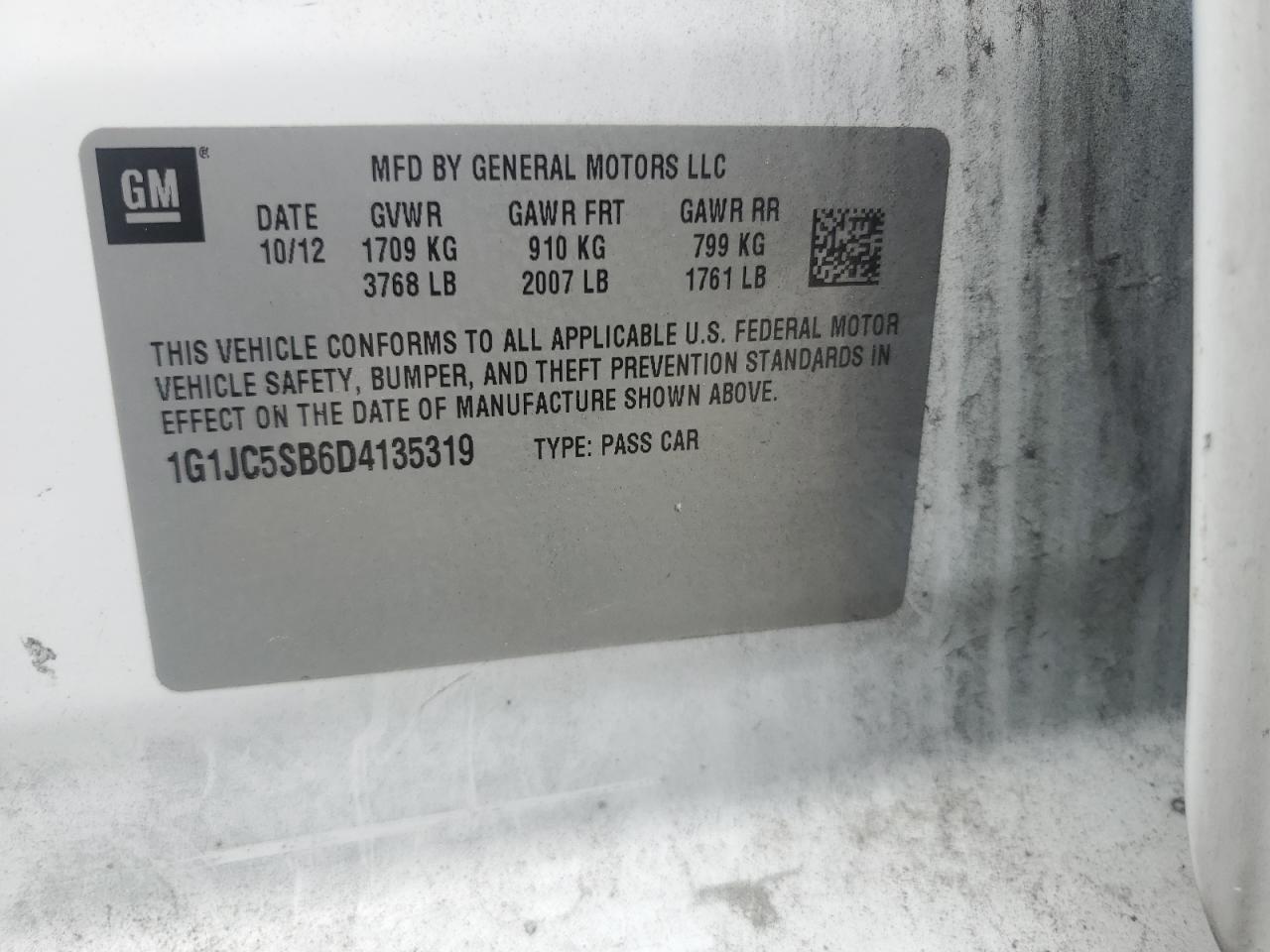 1G1JC5SB6D4135319 2013 Chevrolet Sonic Lt