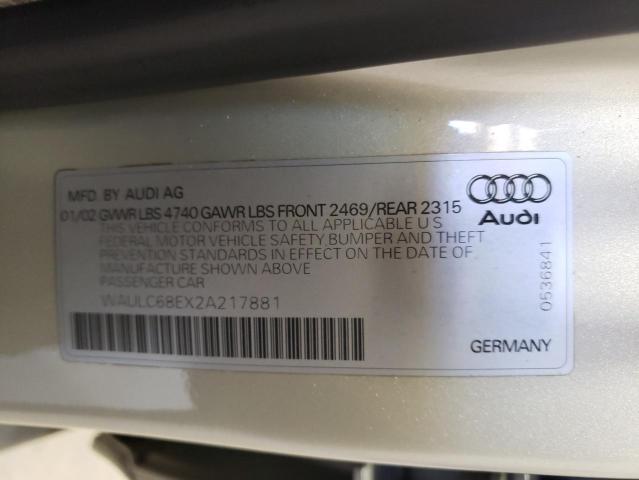2002 Audi A4 1.8T Quattro VIN: WAULC68EX2A217881 Lot: 53584794