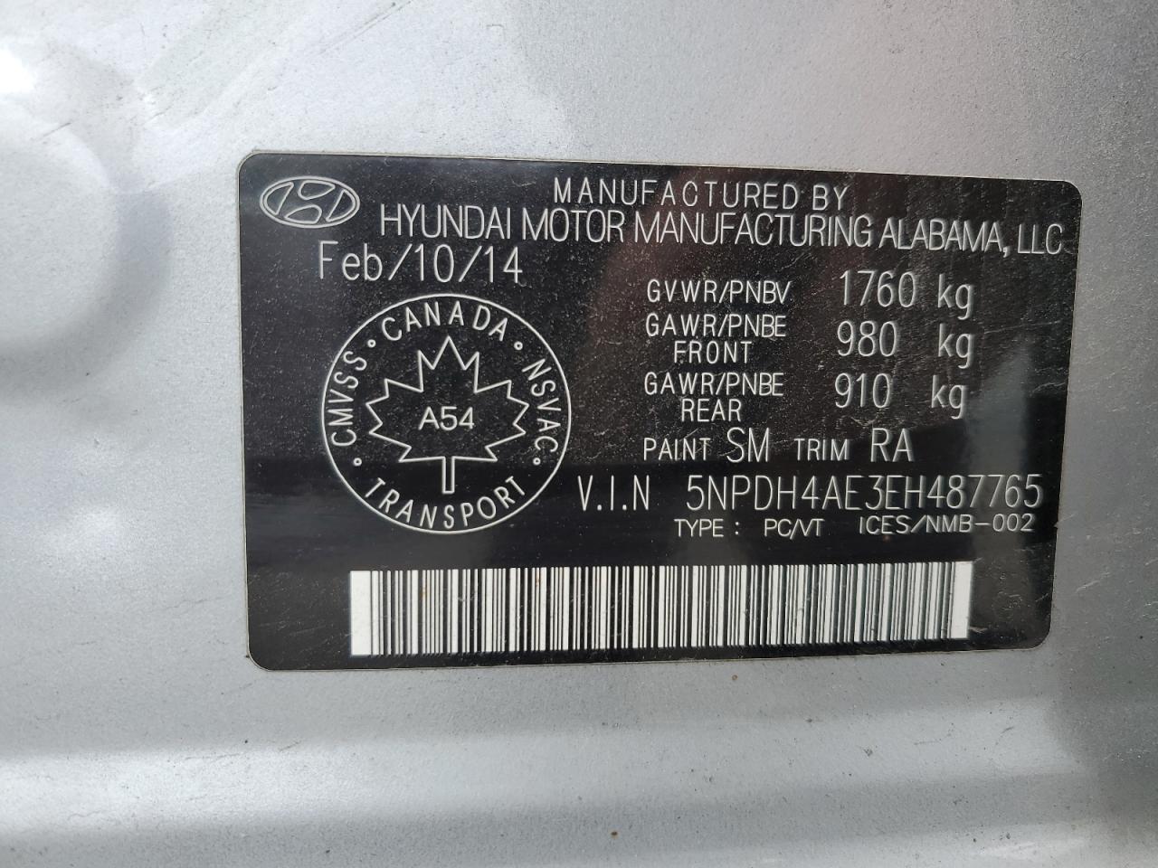 5NPDH4AE3EH487765 2014 Hyundai Elantra Se