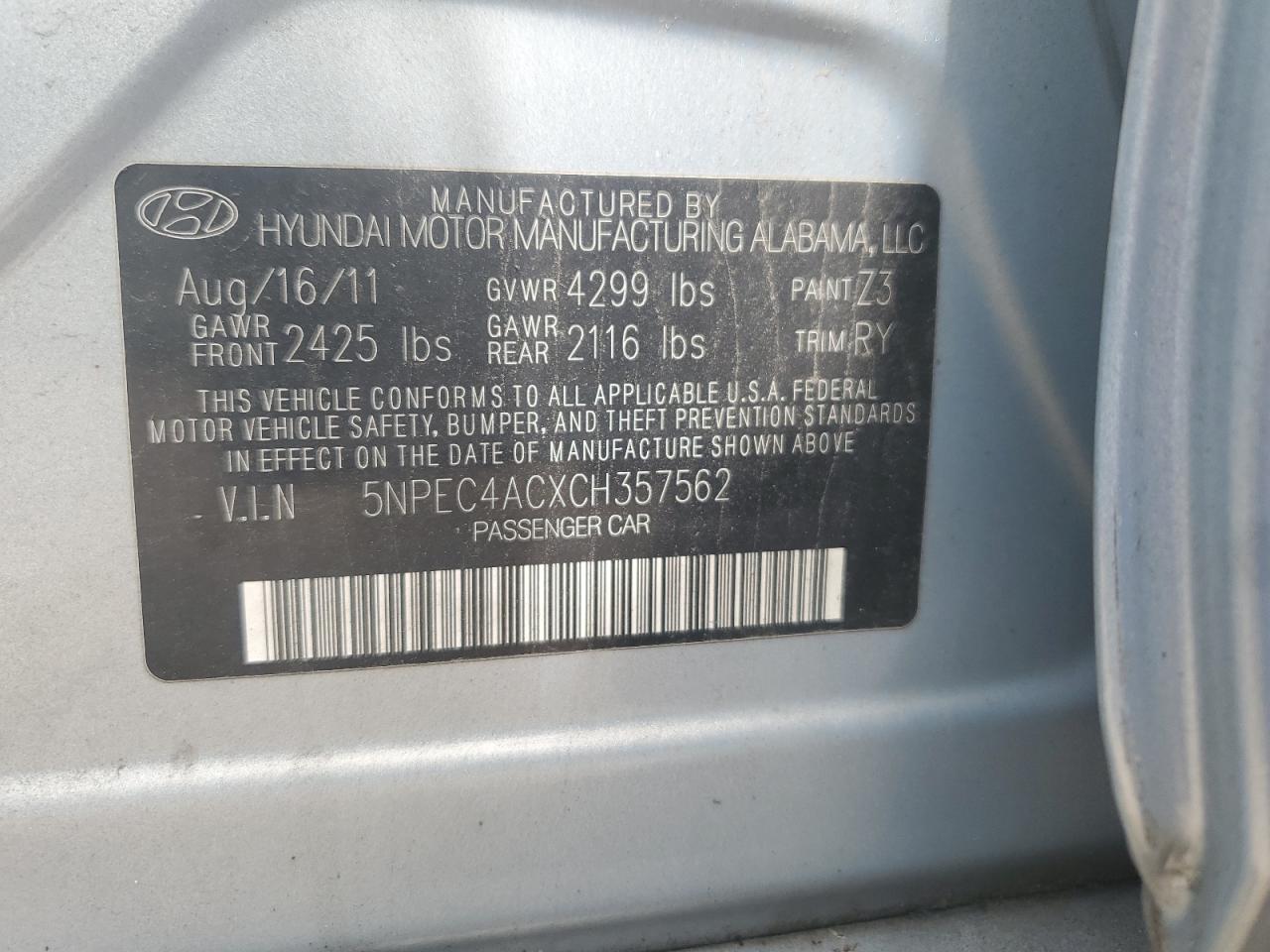 5NPEC4ACXCH357562 2012 Hyundai Sonata Se