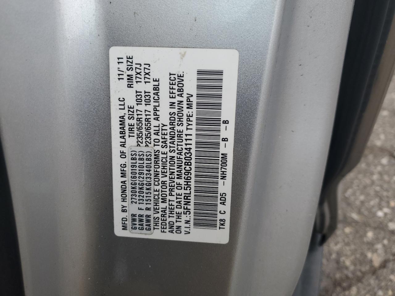 5FNRL5H69CB034111 2012 Honda Odyssey Exl