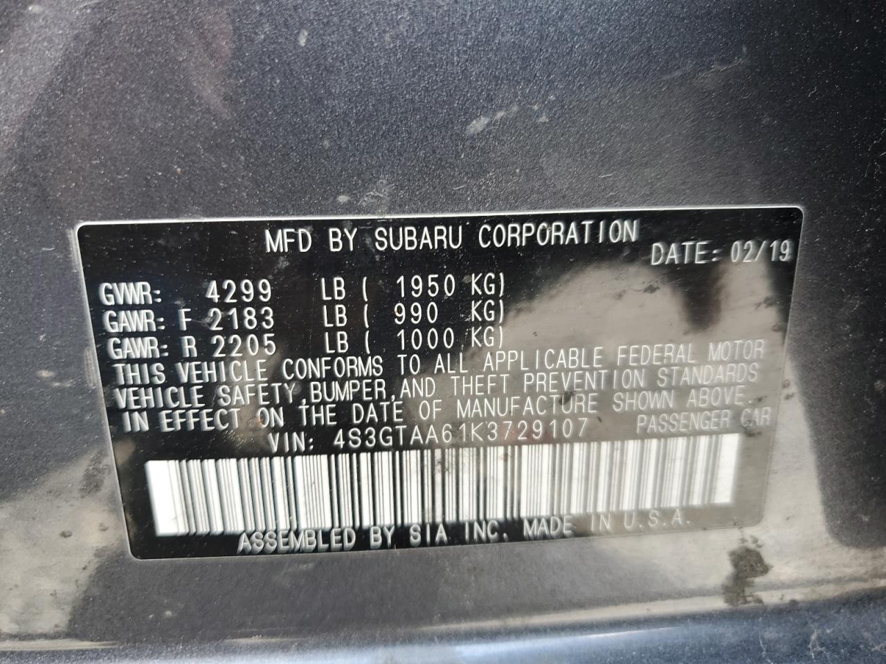 4S3GTAA61K3729107 2019 Subaru Impreza