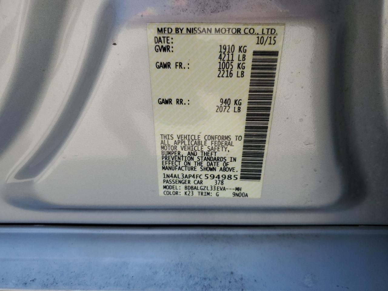 2015 Nissan Altima 2.5 vin: 1N4AL3AP4FC594985