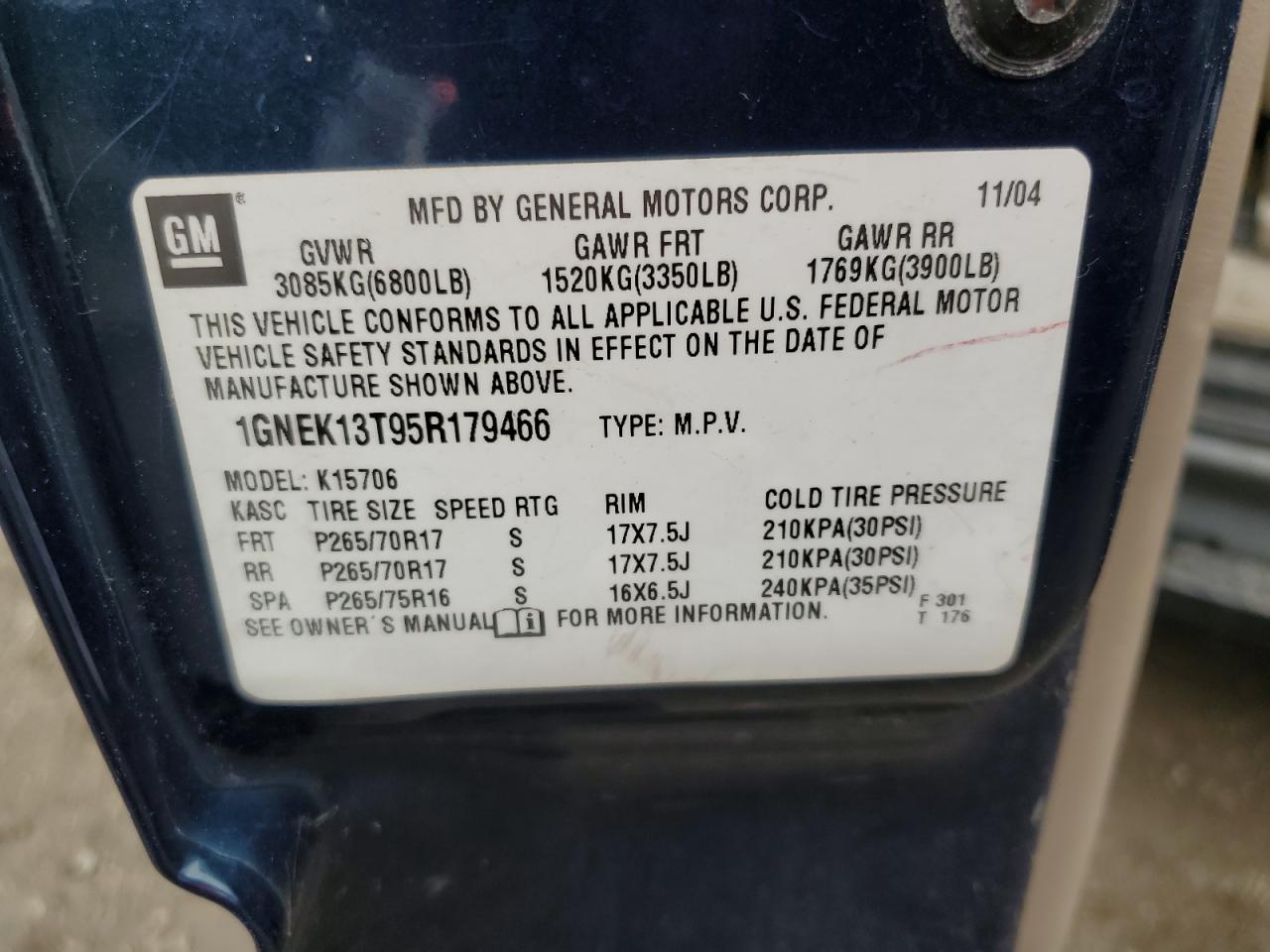 1GNEK13T95R179466 2005 Chevrolet Tahoe K1500