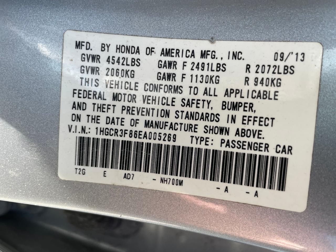 1HGCR3F86EA005269 2014 Honda Accord Exl