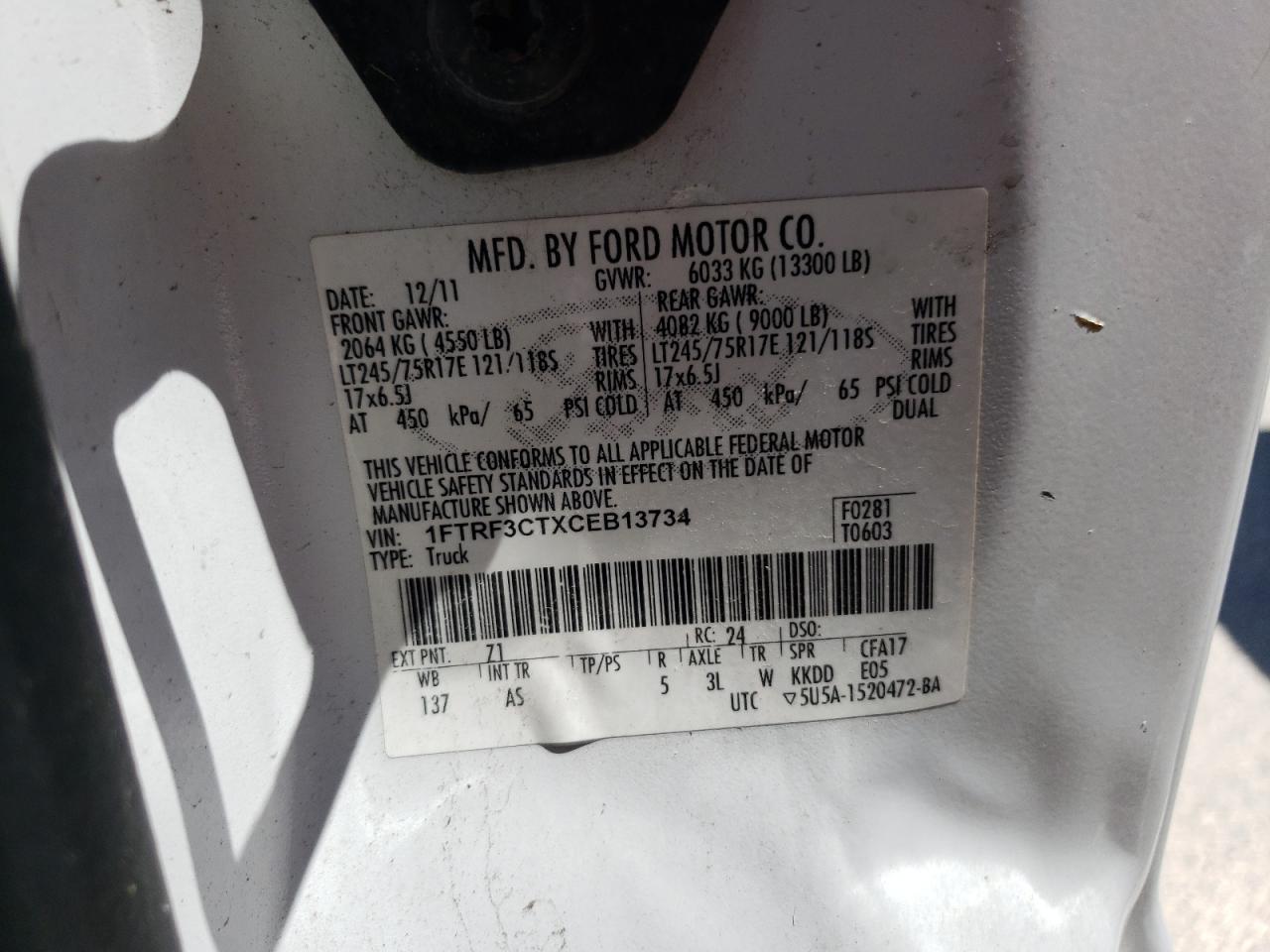 1FTRF3CTXCEB13734 2012 Ford F350 Super Duty