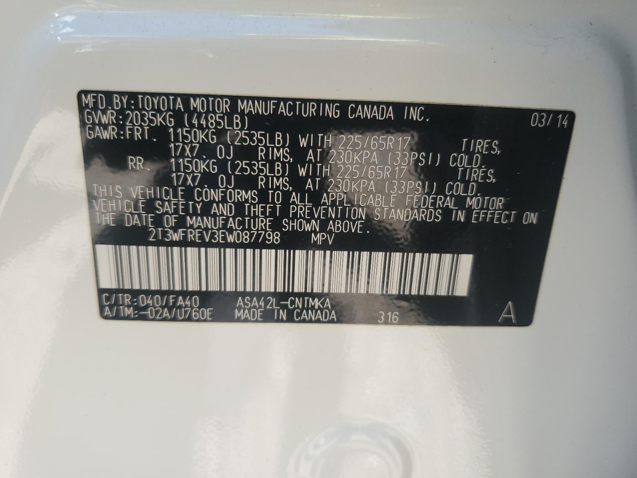 2T3WFREV3EW087798 2014 Toyota Rav4 Xle