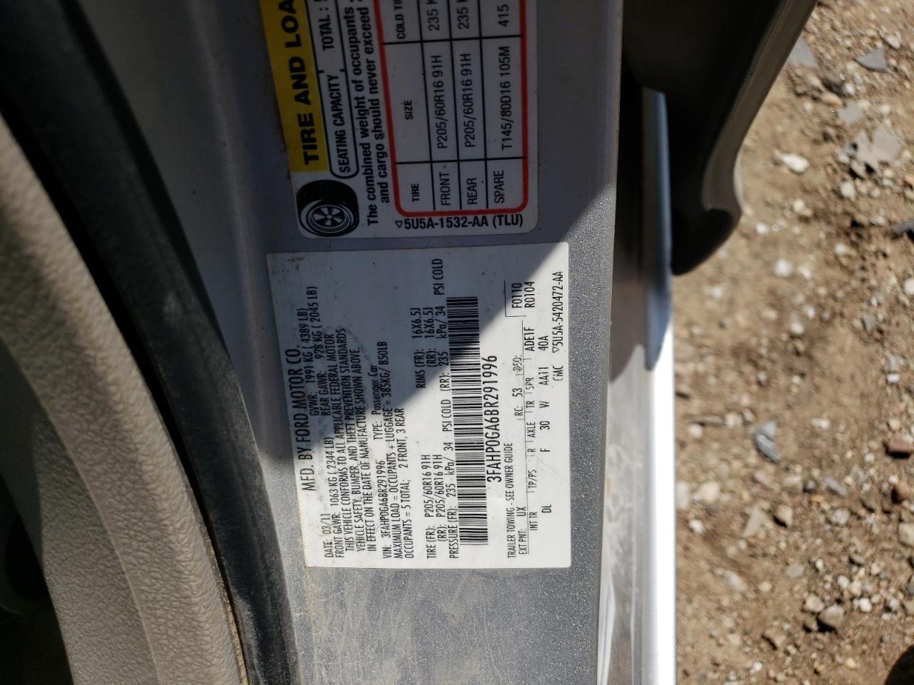 3FAHP0GA6BR291996 2011 Ford Fusion S