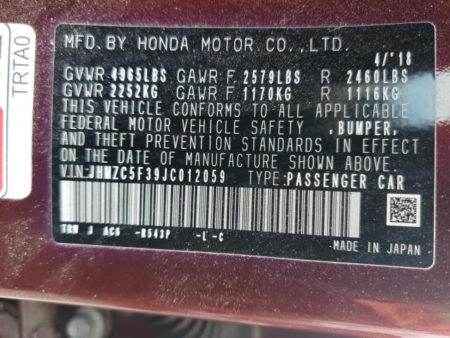 2018 Honda Clarity Touring VIN: JHMZC5F39JC012059 Lot: 53614004