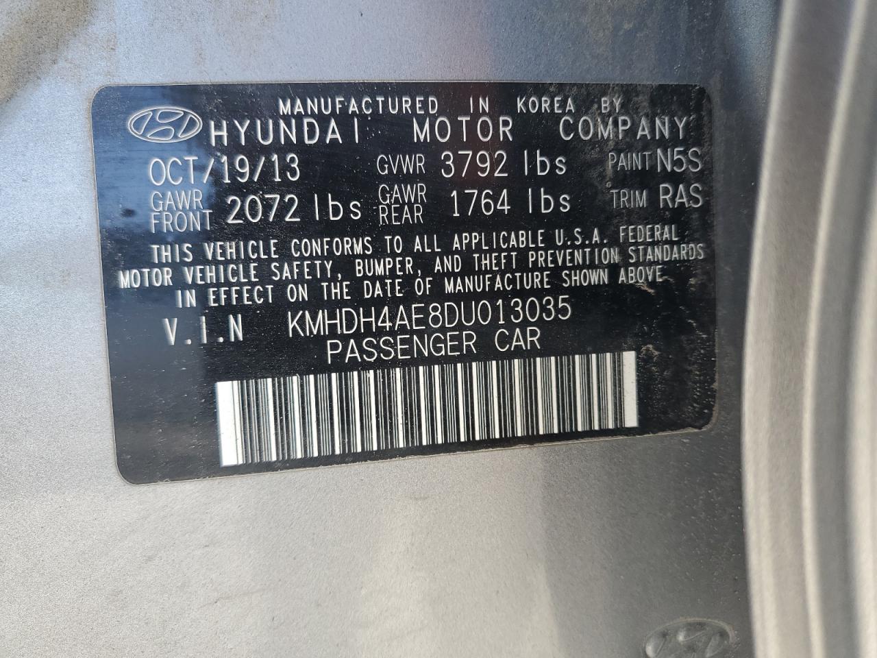 KMHDH4AE8DU013035 2013 Hyundai Elantra Gls