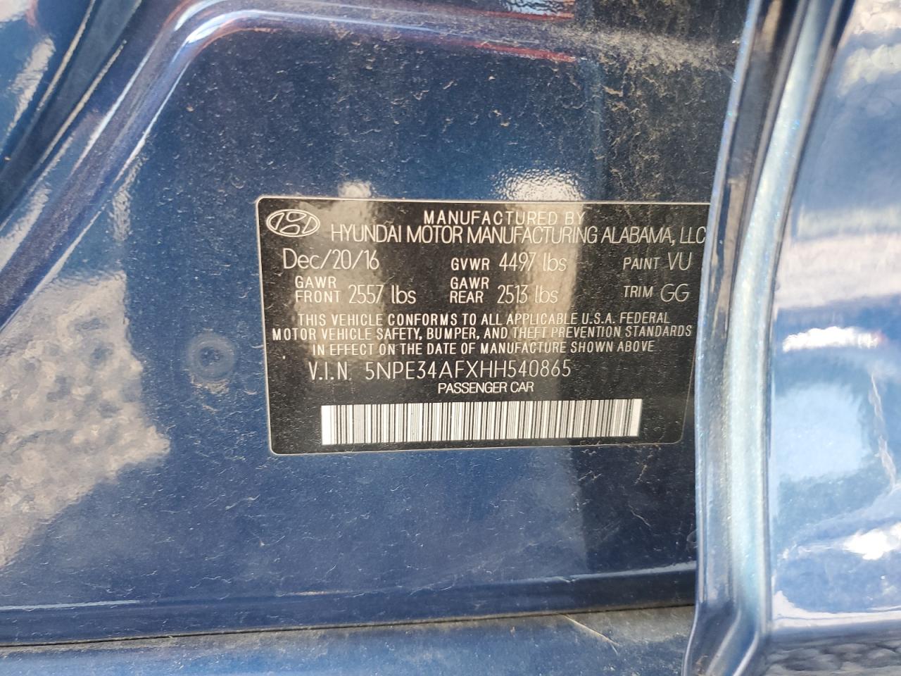 5NPE34AFXHH540865 2017 Hyundai Sonata Sport