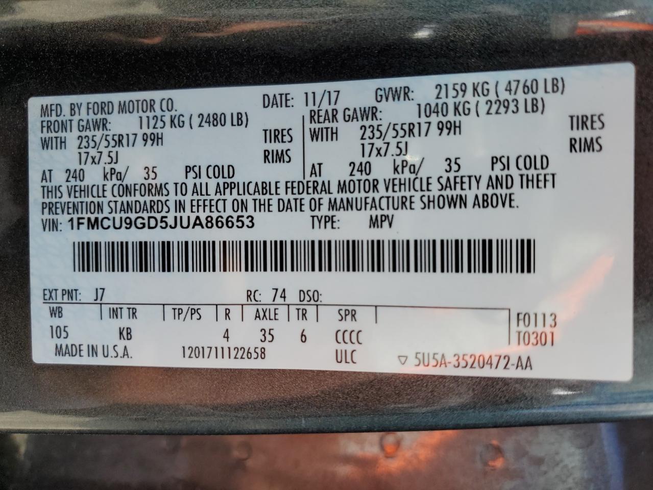 1FMCU9GD5JUA86653 2018 Ford Escape Se