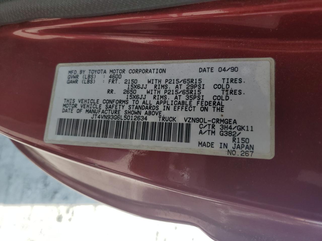 JT4VN93G6L5012634 1990 Toyota Pickup 1/2 Ton Extra Long Wheelbase Sr5