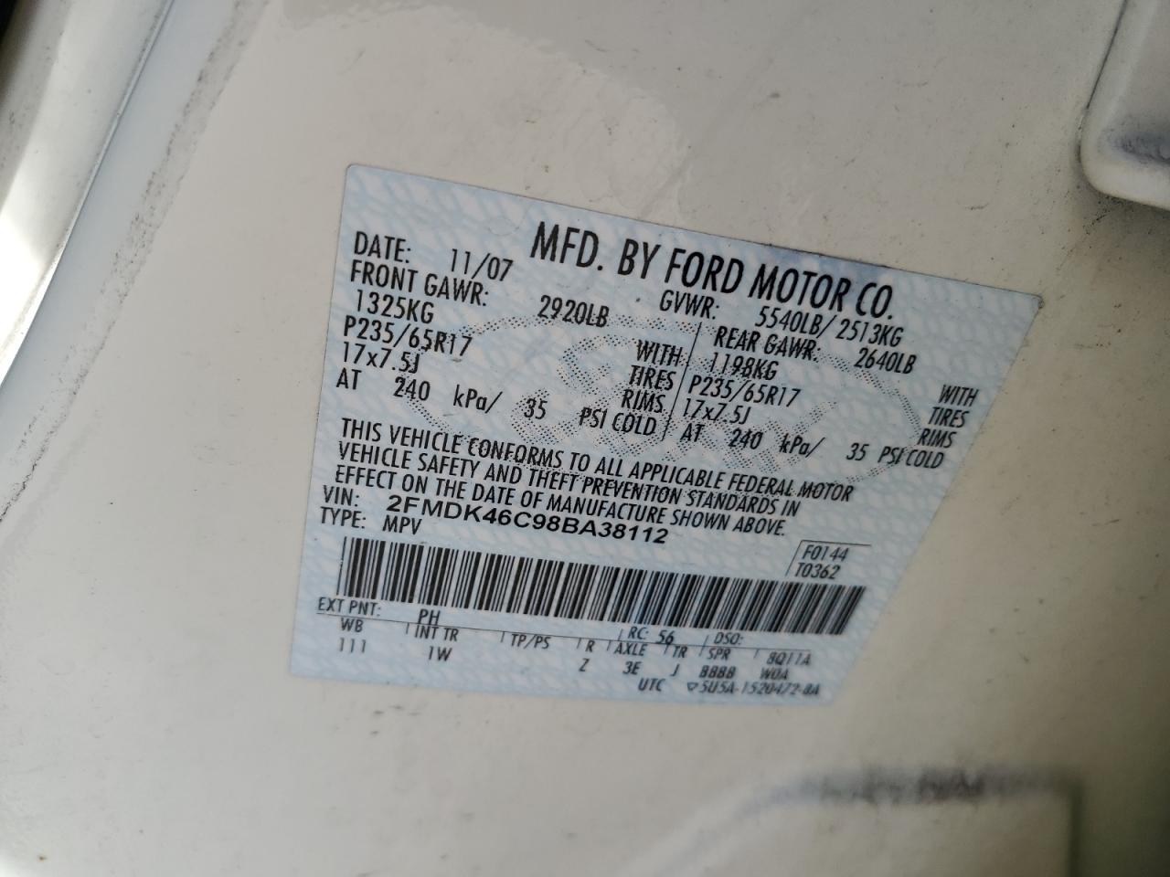 2FMDK46C98BA38112 2008 Ford Edge Se