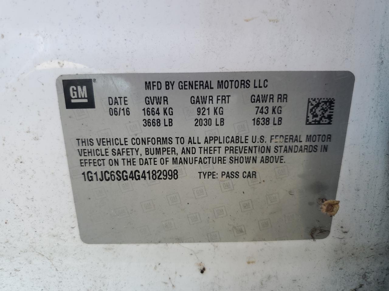 1G1JC6SG4G4182998 2016 Chevrolet Sonic Lt