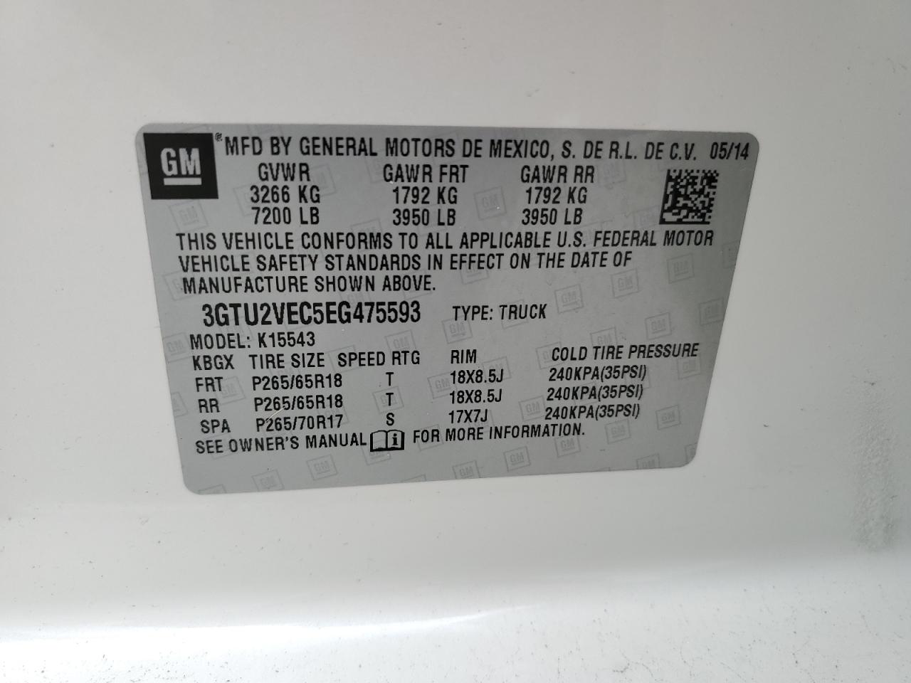 3GTU2VEC5EG475593 2014 GMC Sierra K1500 Slt