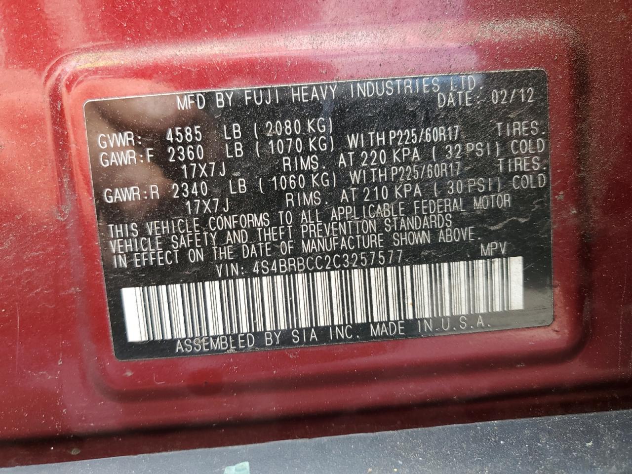 4S4BRBCC2C3257577 2012 Subaru Outback 2.5I Premium