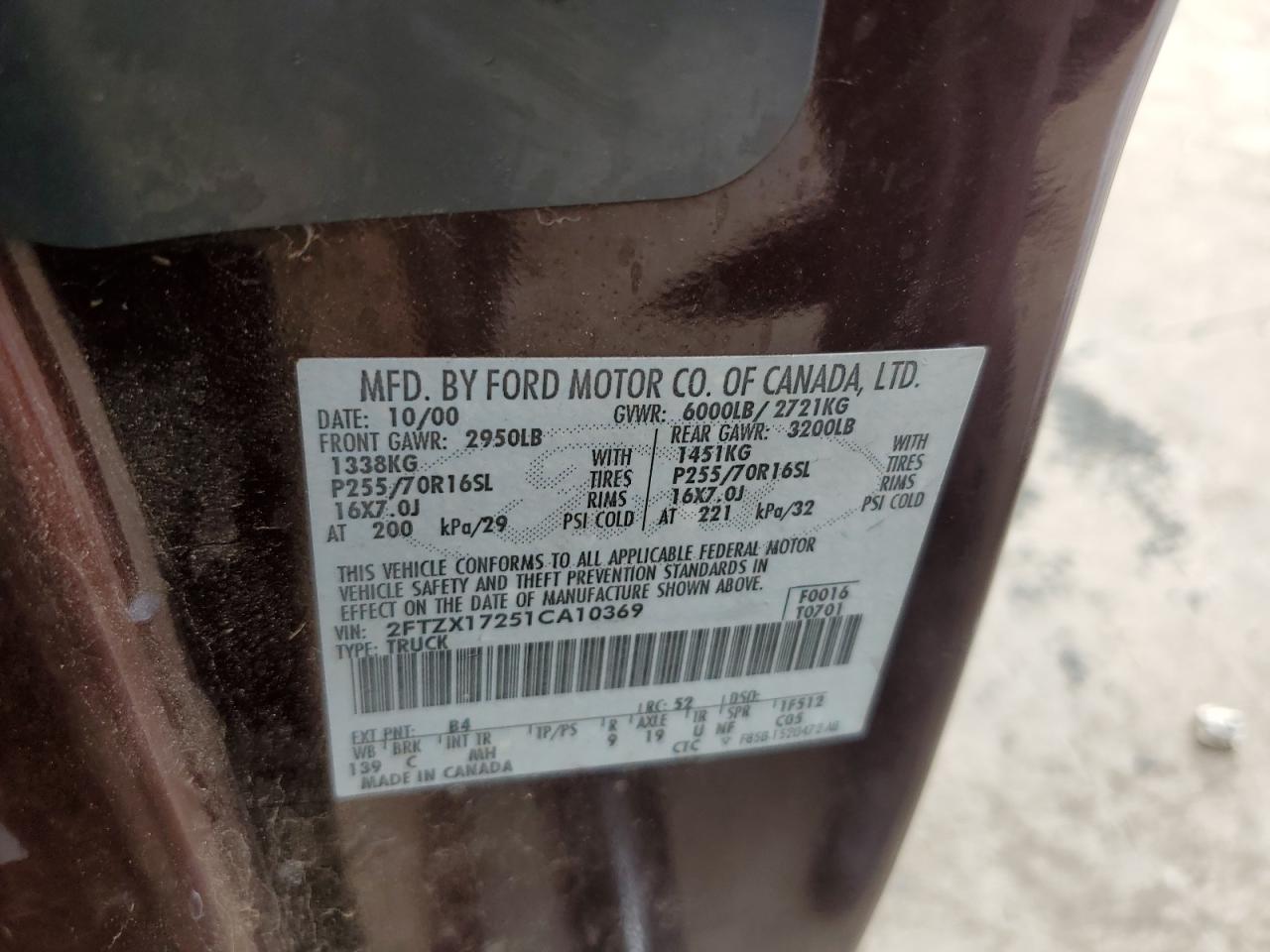 2FTZX17251CA10369 2001 Ford F150