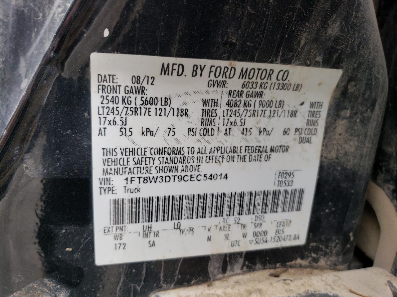 1FT8W3DT9CEC54014 2012 Ford F350 Super Duty