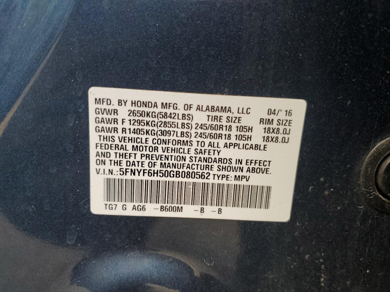 5FNYF6H50GB080562 2016 Honda Pilot Exl