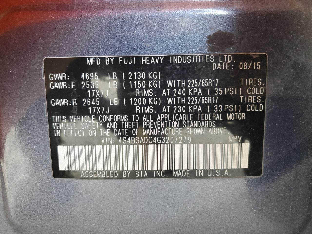 4S4BSADC4G3207279 2016 Subaru Outback 2.5I Premium