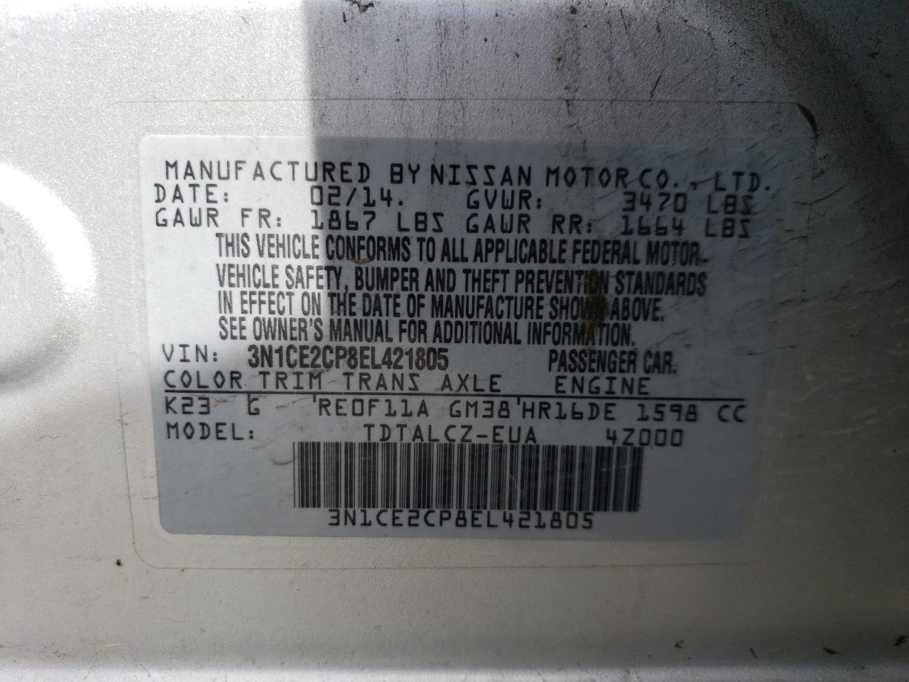 3N1CE2CP8EL421805 2014 Nissan Versa Note S