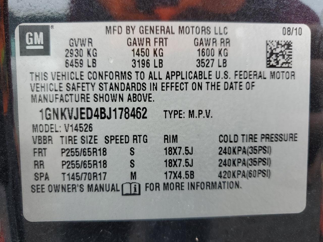 1GNKVJED4BJ178462 2011 Chevrolet Traverse Lt