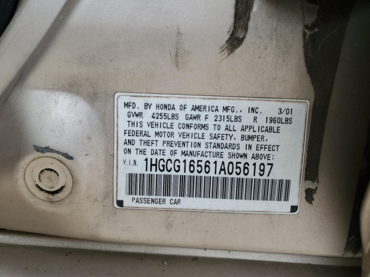 1HGCG16561A056197 2001 Honda Accord Ex