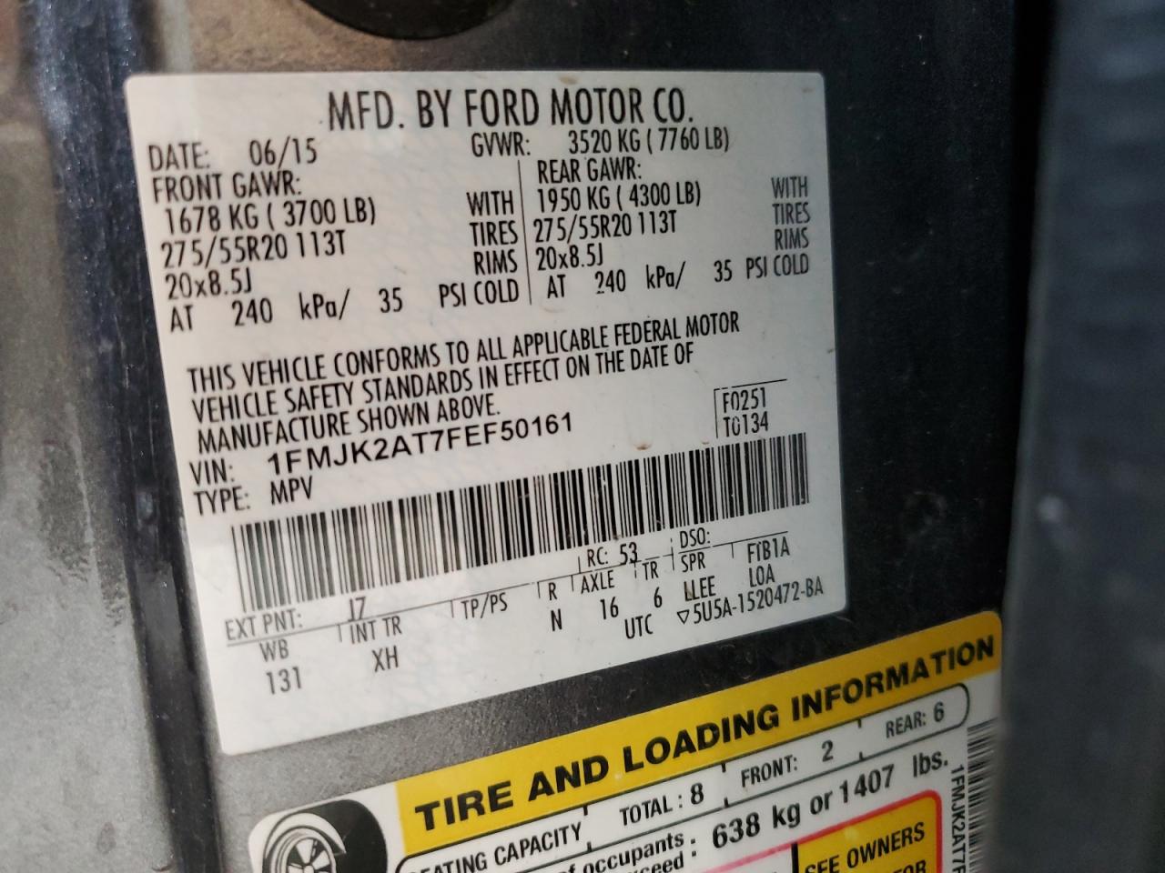 1FMJK2AT7FEF50161 2015 Ford Expedition El Limited