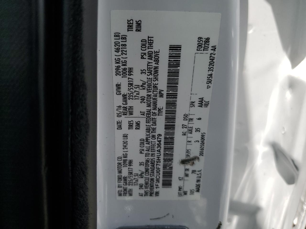 1FMCU0F75HUA36479 2017 Ford Escape S