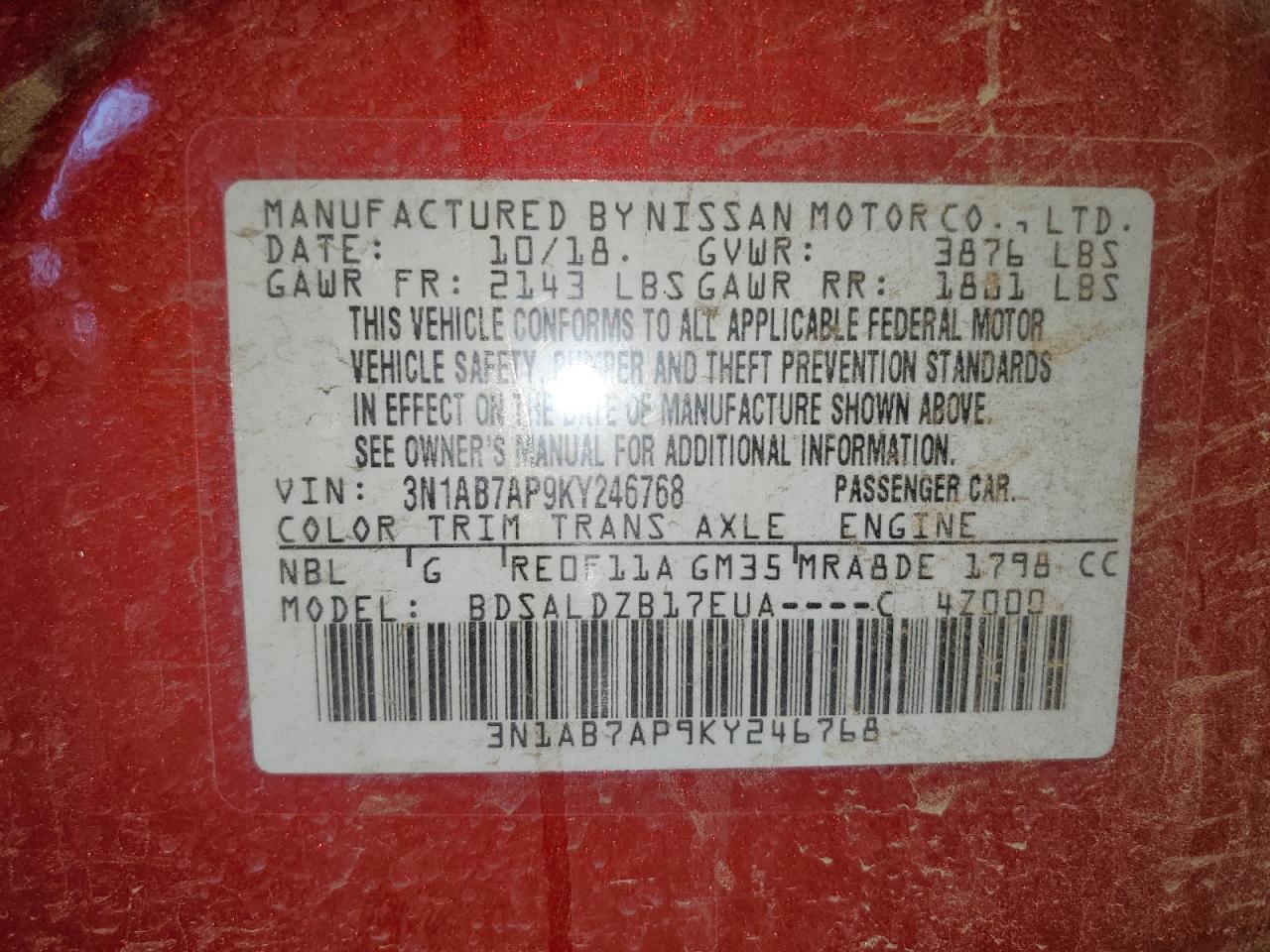 3N1AB7AP9KY246768 2019 Nissan Sentra S